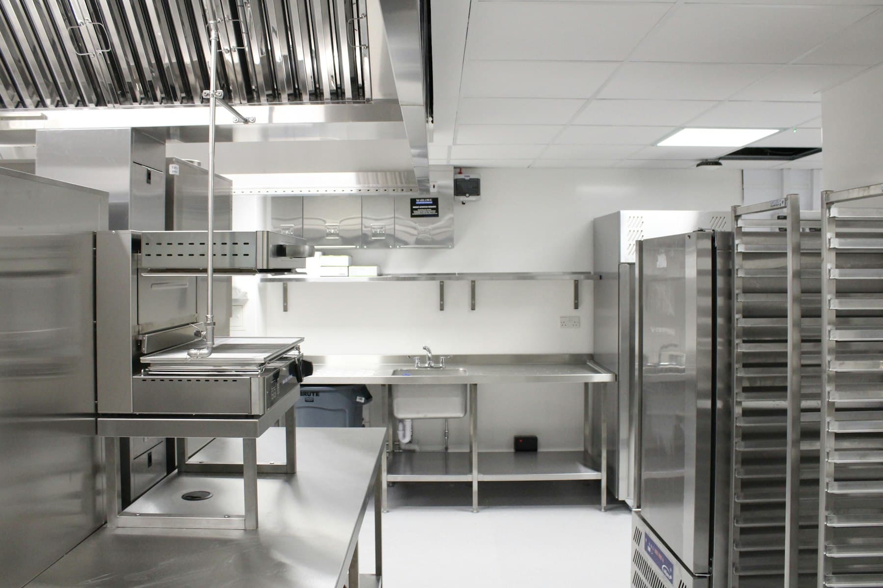 A clean, empty commercial kitchen